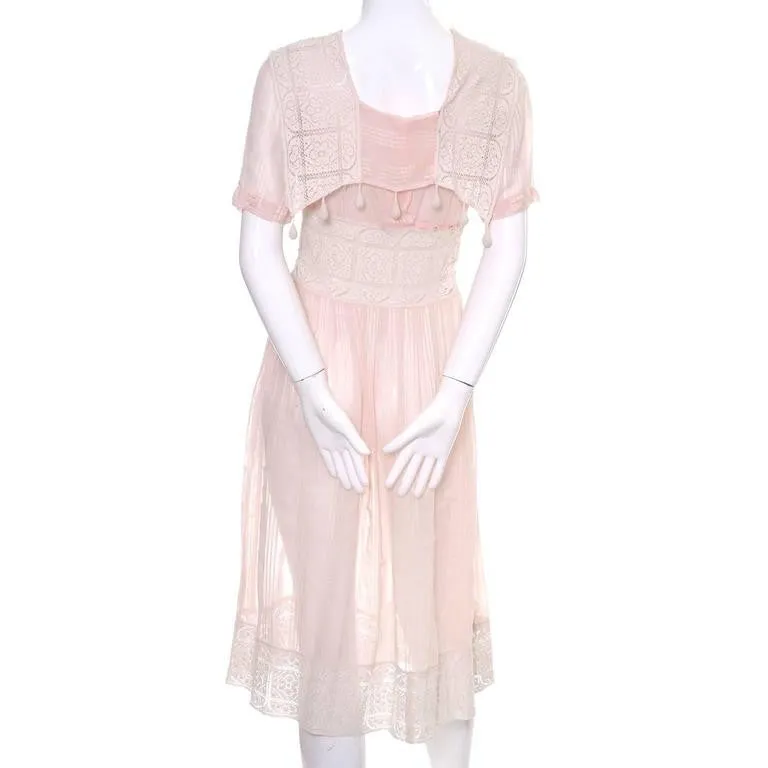 1930s Pink Cotton Voile Crochet Lace Vintage Dress with Tone on Tone Stripes 2/4