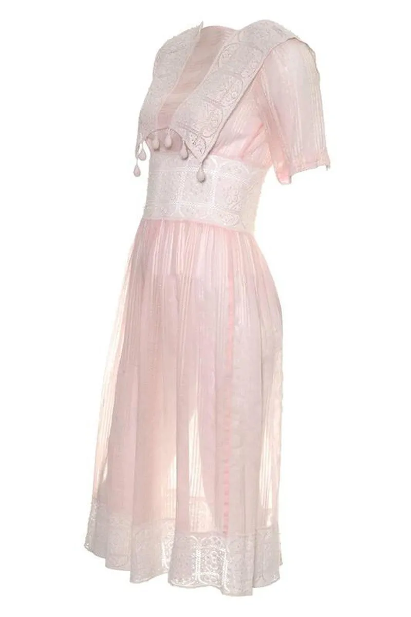 1930s Pink Cotton Voile Crochet Lace Vintage Dress with Tone on Tone Stripes 2/4