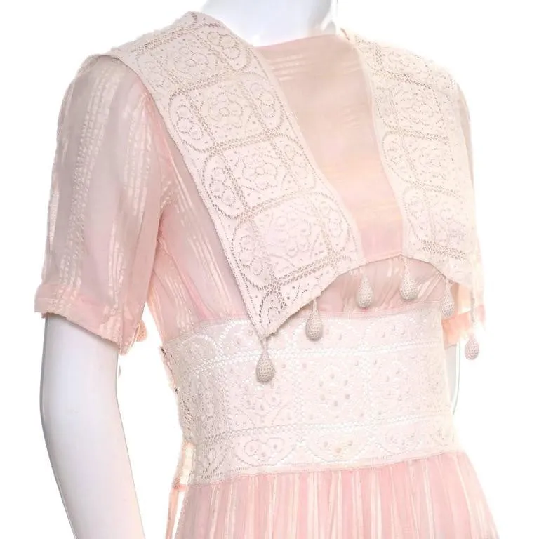 1930s Pink Cotton Voile Crochet Lace Vintage Dress with Tone on Tone Stripes 2/4