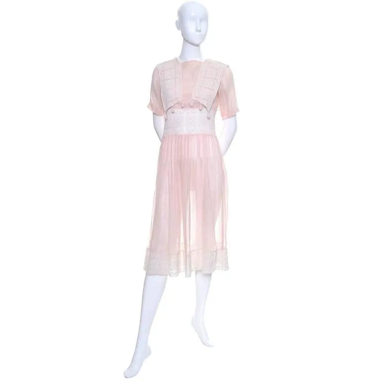 1930s Pink Cotton Voile Crochet Lace Vintage Dress with Tone on Tone Stripes 2/4