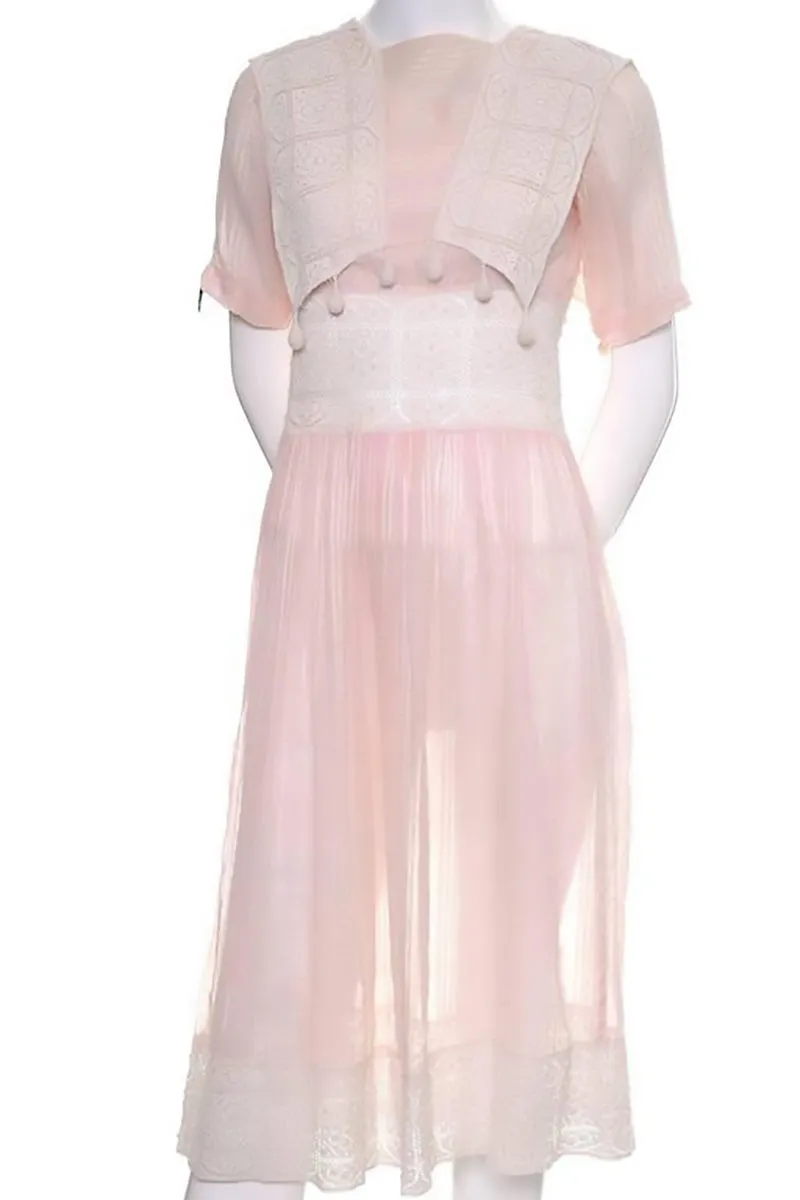 1930s Pink Cotton Voile Crochet Lace Vintage Dress with Tone on Tone Stripes 2/4