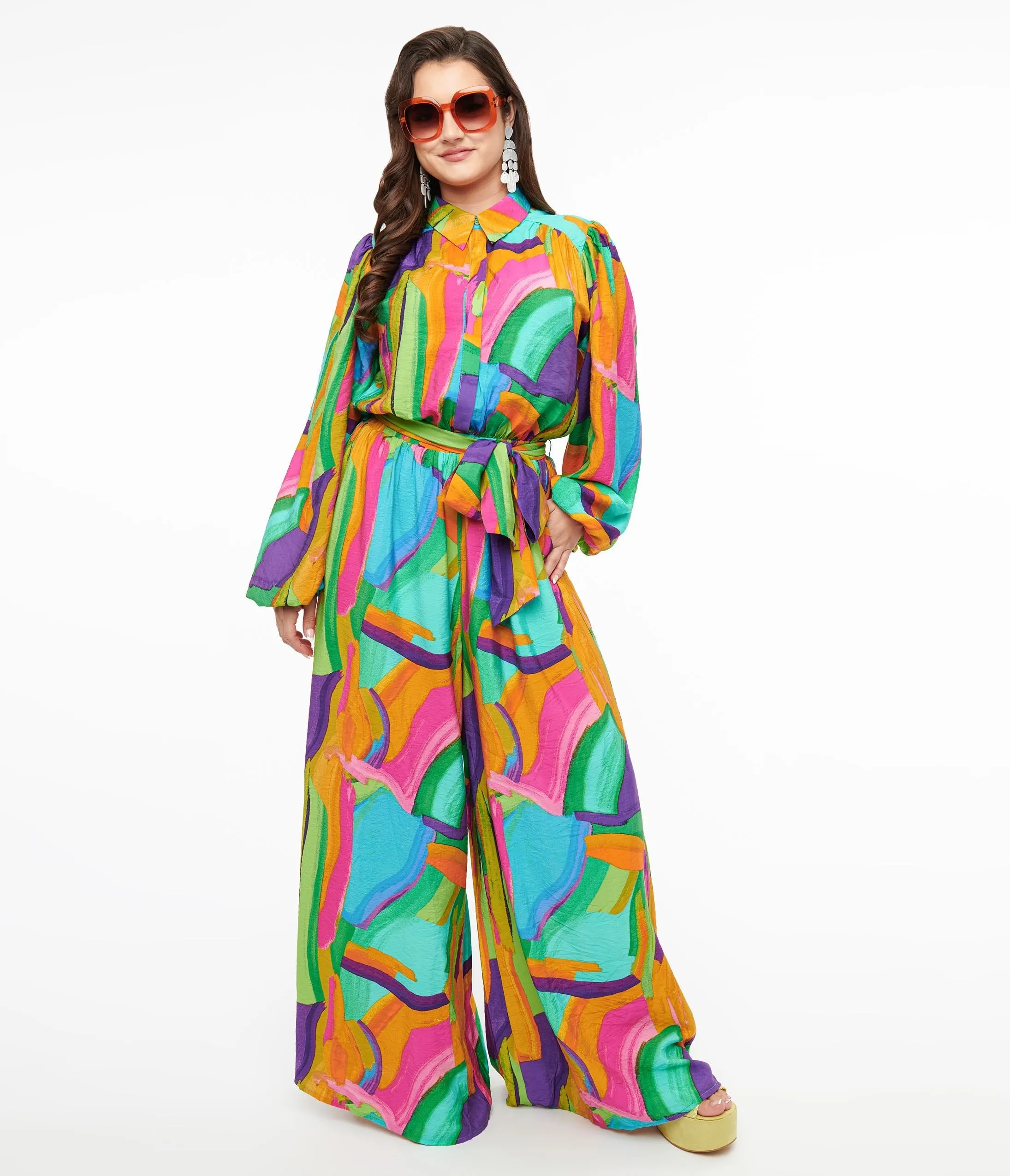 1970s Rainbow Geometric Long Sleeve Jumpsuit