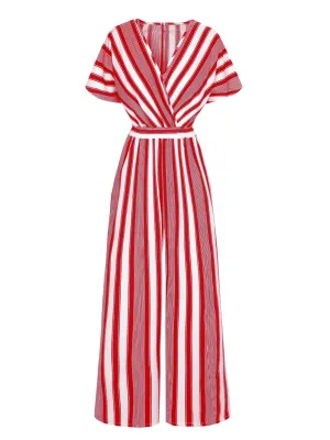 1970s V-Neck Contrast Stripes Jumpsuit