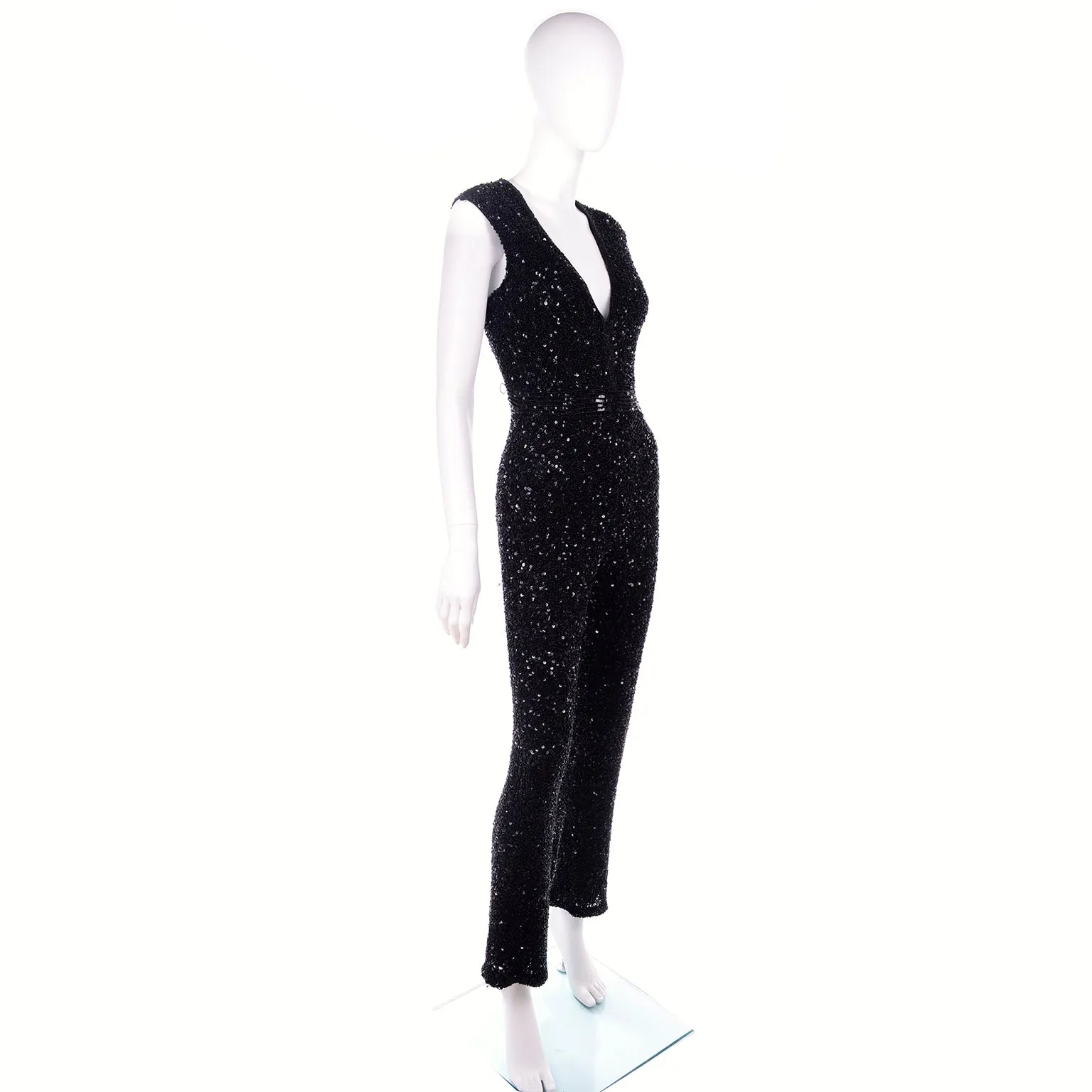 1970s Vintage Black Heavily Beaded Jumpsuit w/ Beads & Sequins