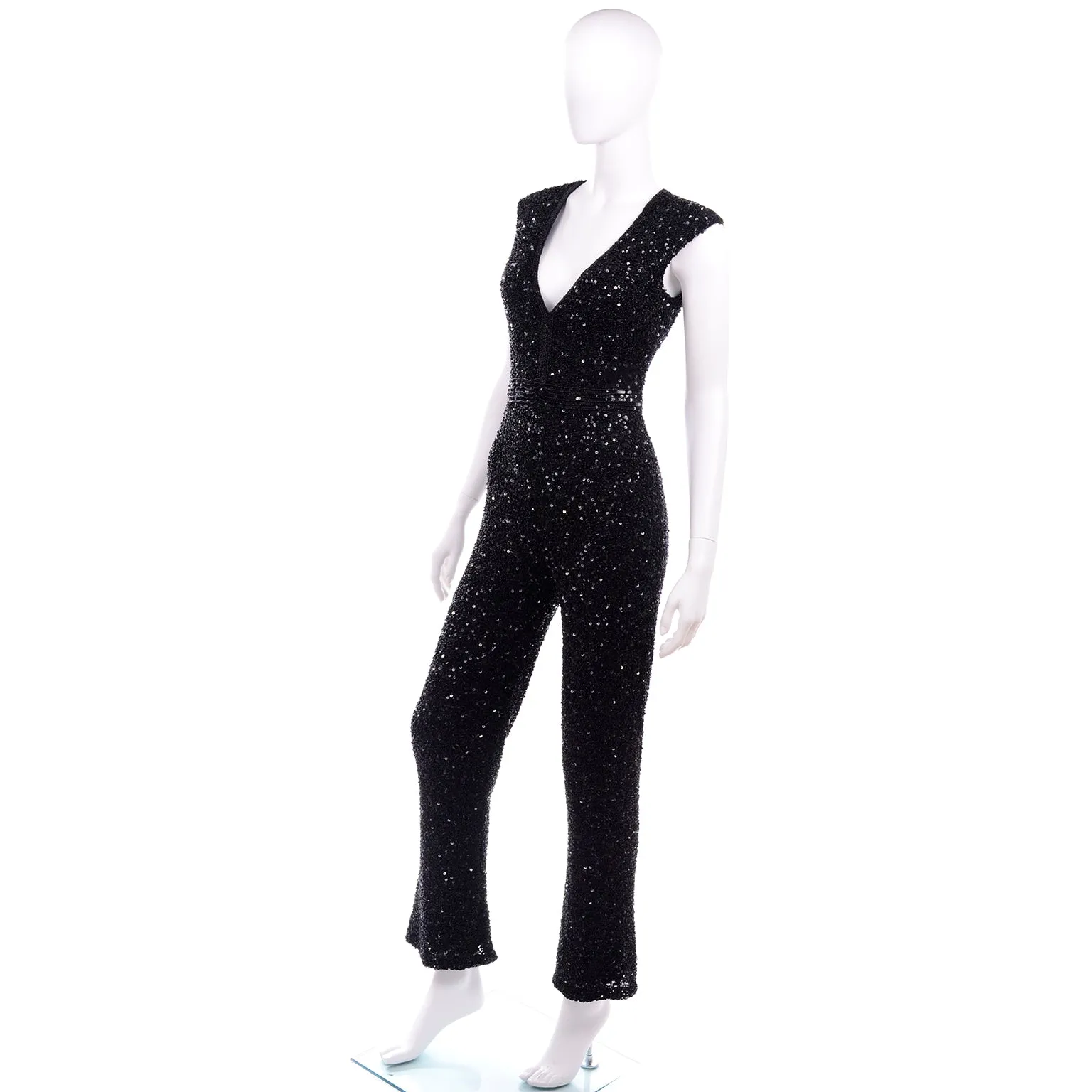 1970s Vintage Black Heavily Beaded Jumpsuit w/ Beads & Sequins