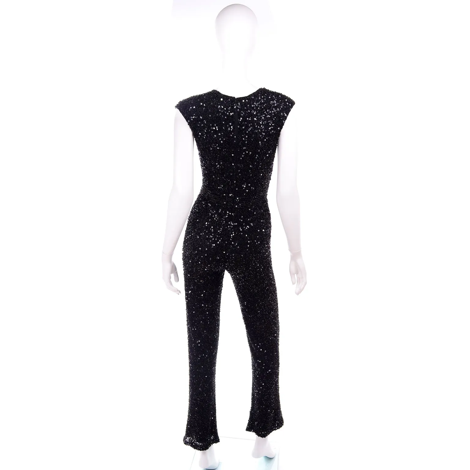 1970s Vintage Black Heavily Beaded Jumpsuit w/ Beads & Sequins