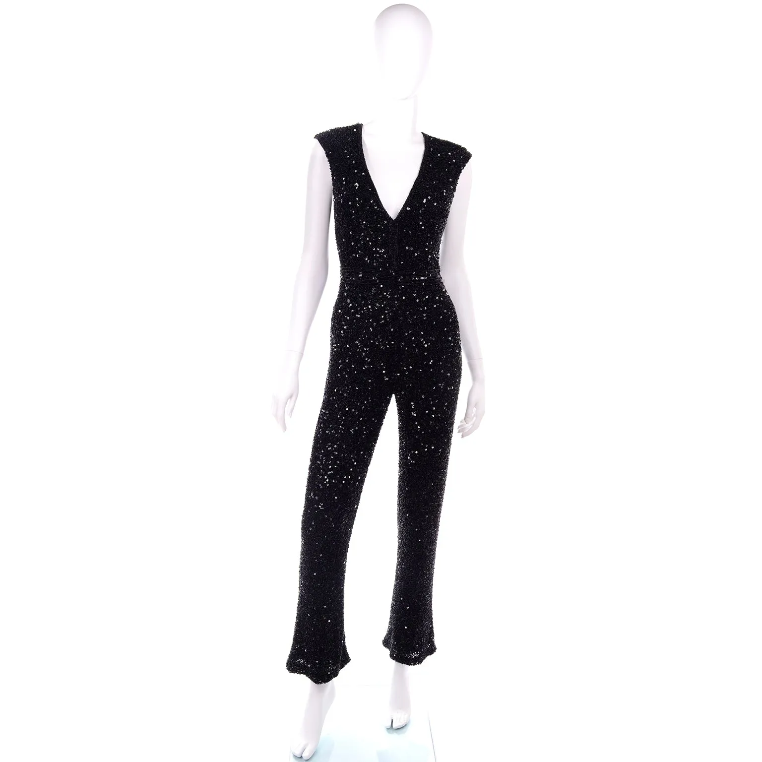 1970s Vintage Black Heavily Beaded Jumpsuit w/ Beads & Sequins