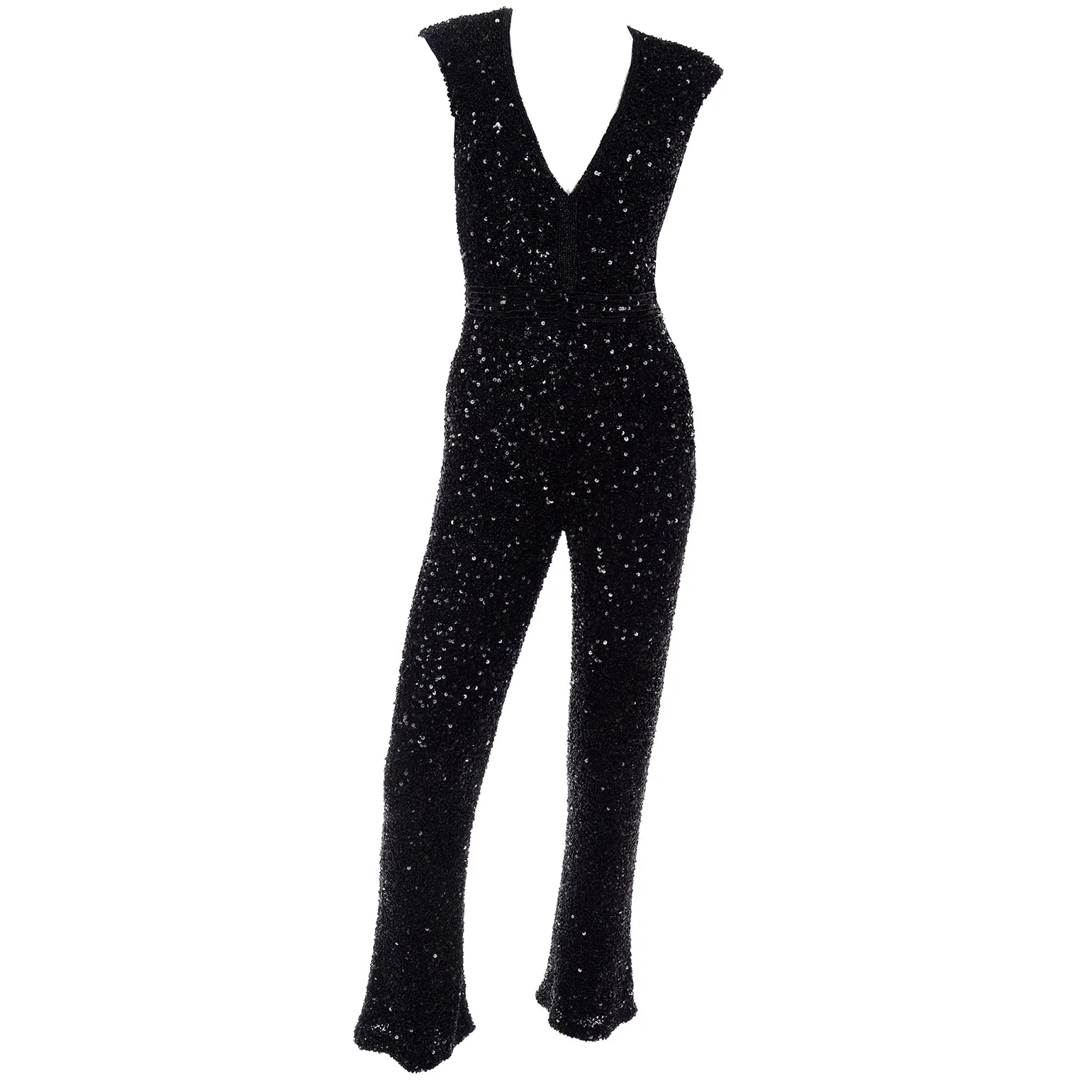 1970s Vintage Black Heavily Beaded Jumpsuit w/ Beads & Sequins