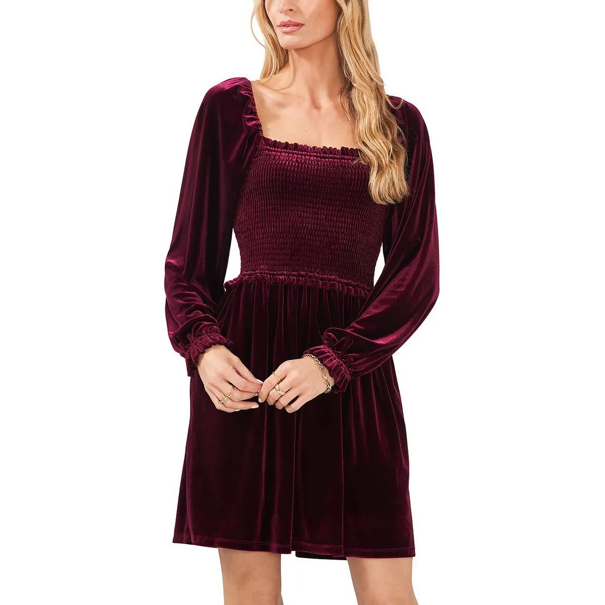 1.State Womens Velvet Smocked Babydoll Dress