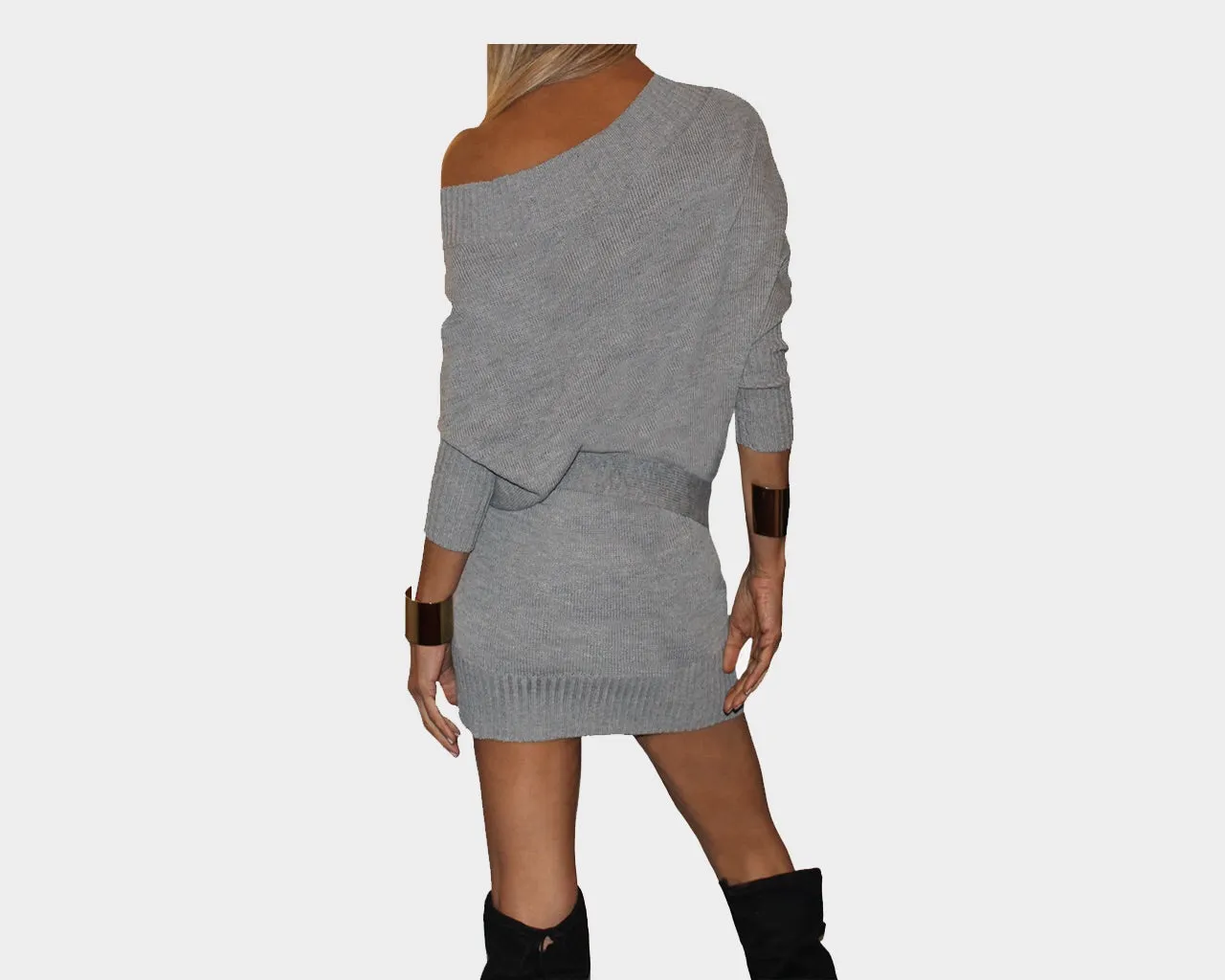 91 Silver Gray Knit Off Shoulder Dress - The Park Avenue