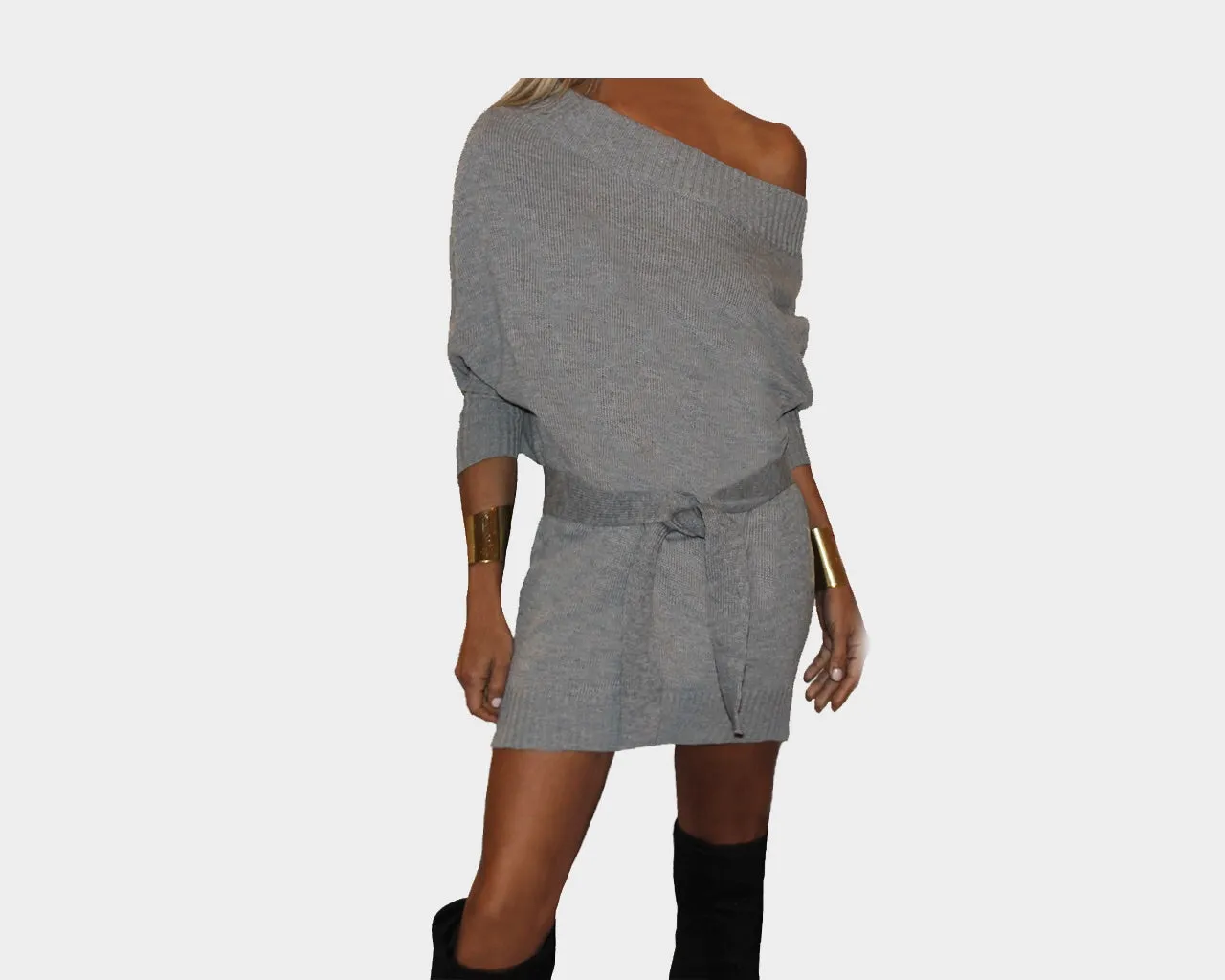 91 Silver Gray Knit Off Shoulder Dress - The Park Avenue