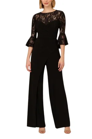 Adrianna Papell Jersey Lace Crew Neck Elbow Sleeve Ruffle Cuff Straight Leg Jumpsuit