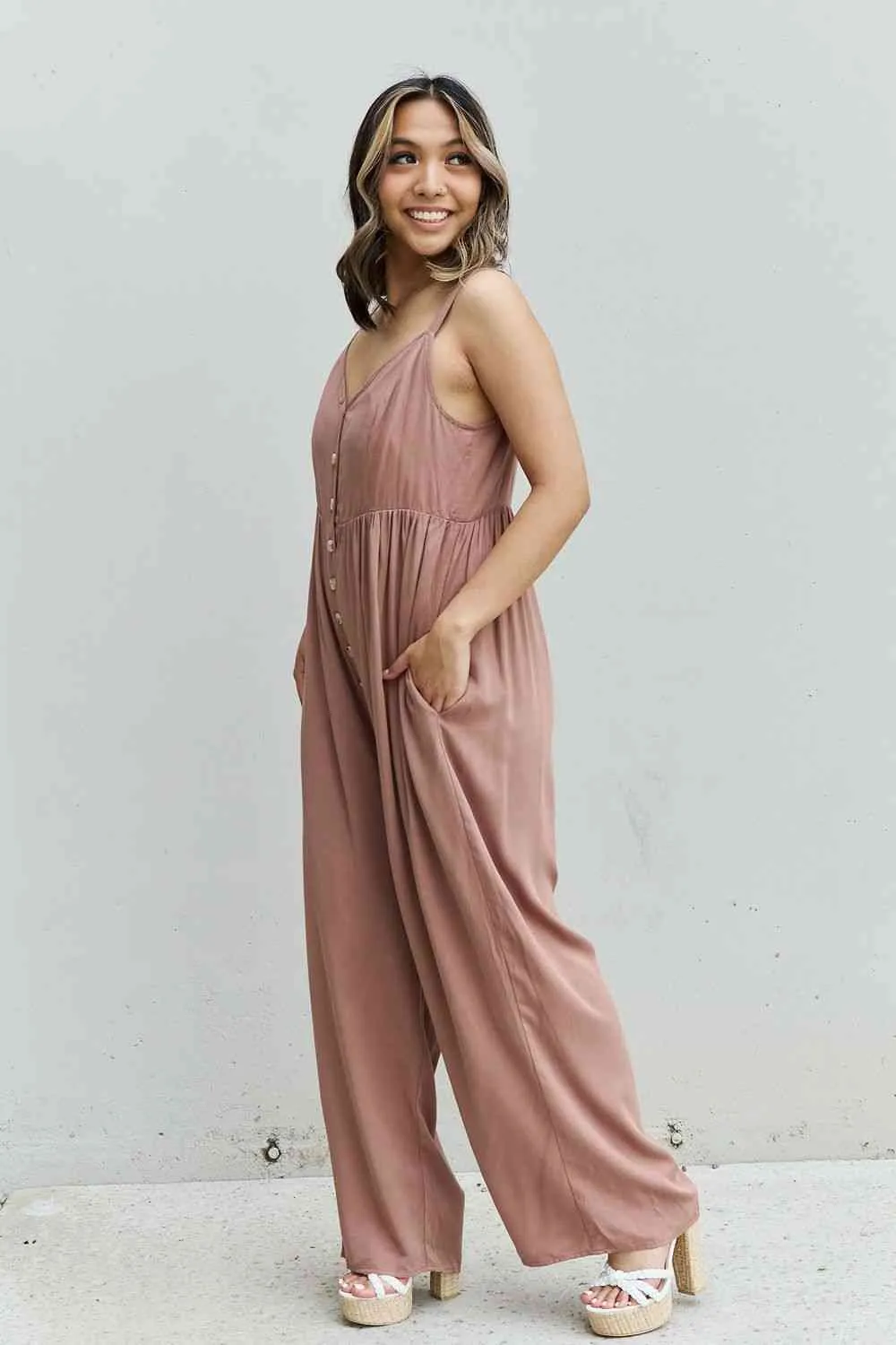 All Day Full Size Wide Leg Button Down Jumpsuit in Mocha