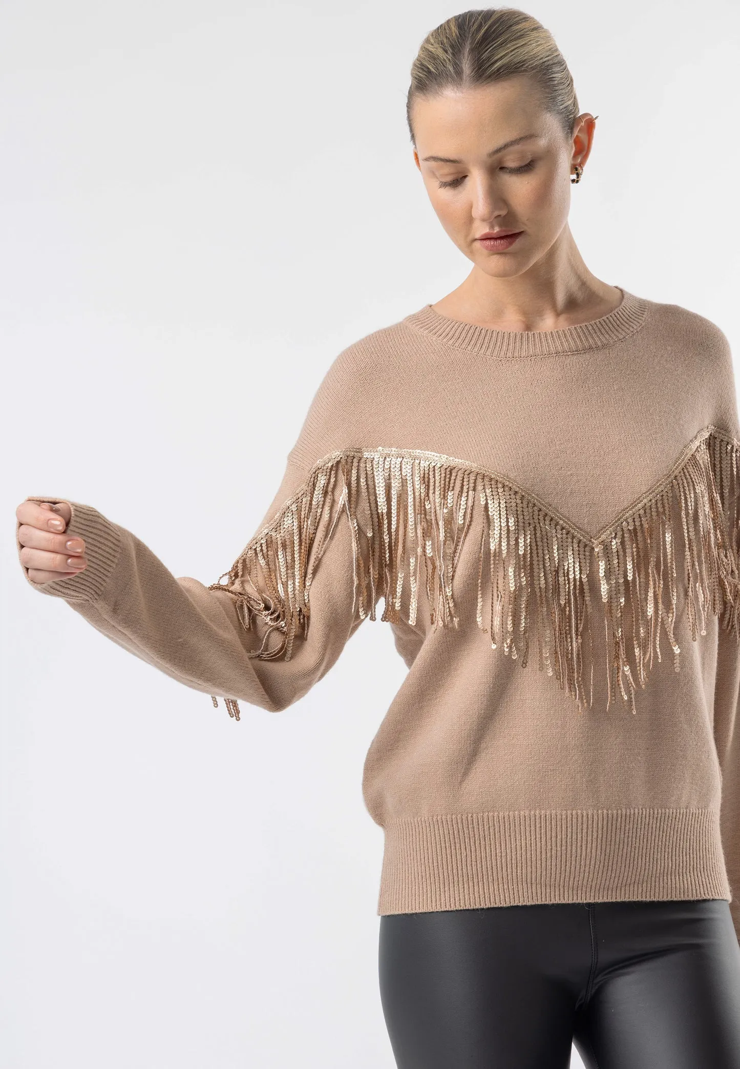 Angeleye Brown Crew Neck Jumper With Fringe Detail