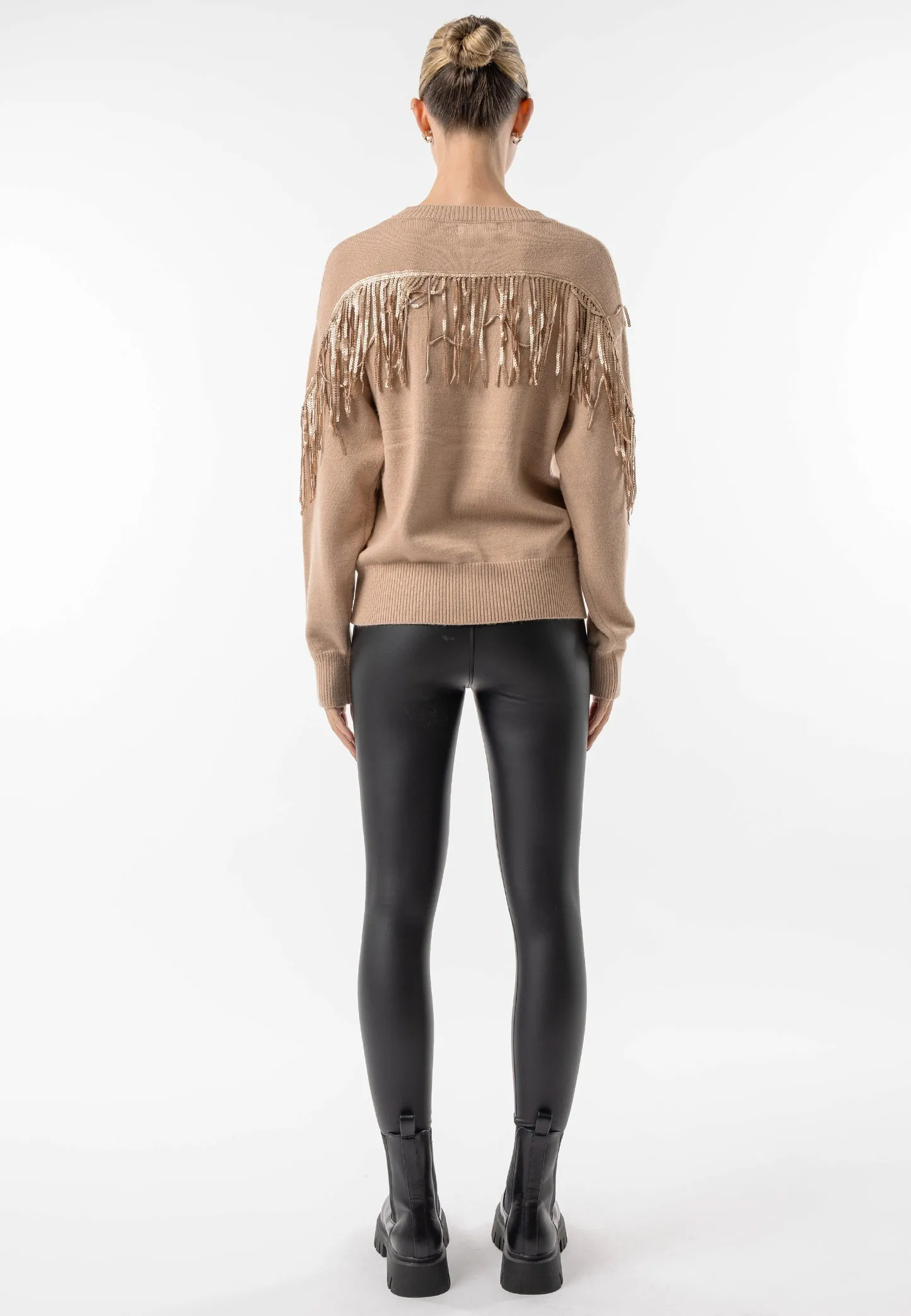 Angeleye Brown Crew Neck Jumper With Fringe Detail