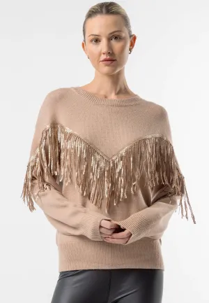 Angeleye Brown Crew Neck Jumper With Fringe Detail