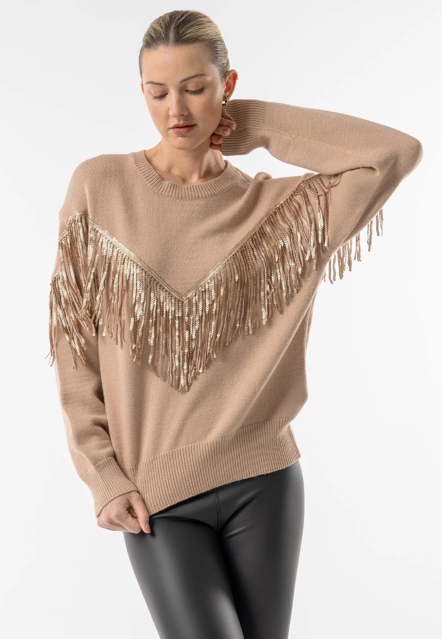 Angeleye Brown Crew Neck Jumper With Fringe Detail