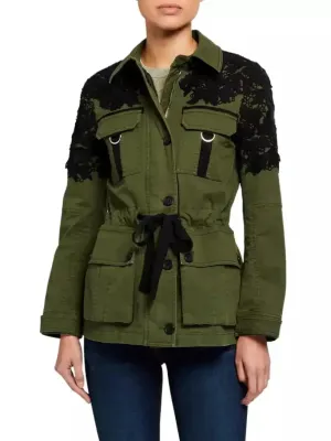 Army Green Utility Jacket with Black Lace Crochet Embroidery