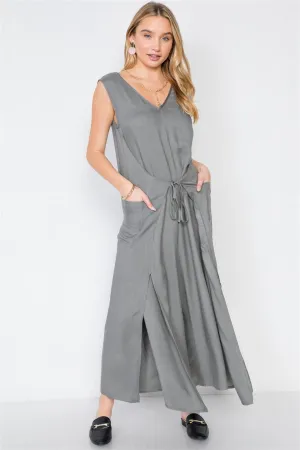 Ash Olive Side Slits Loose Fit Front-Tie Jumpsuit