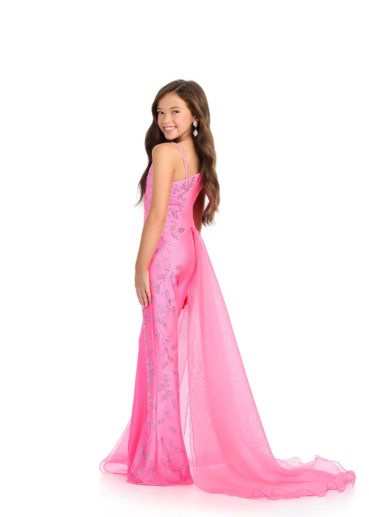 Ashley Lauren 8274 Jersey Girls Pageant Jumpsuit Crystal Stones Side Overskirt one shoulder