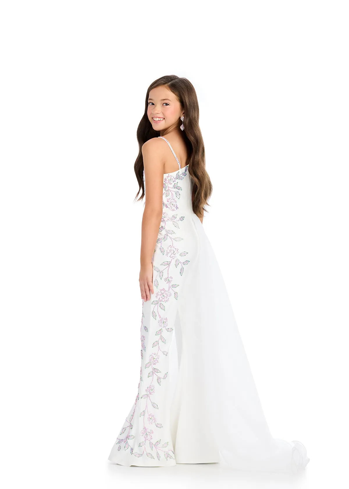 Ashley Lauren 8274 Jersey Girls Pageant Jumpsuit Crystal Stones Side Overskirt one shoulder