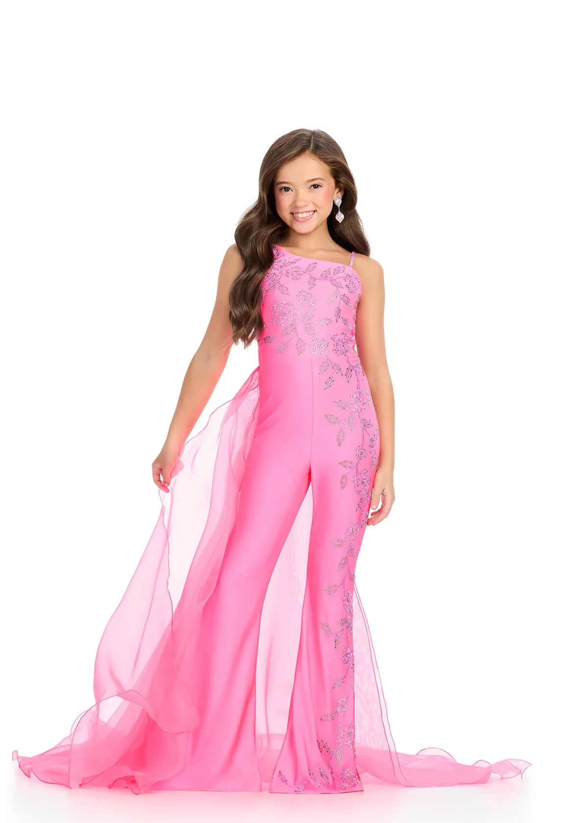 Ashley Lauren 8274 Jersey Girls Pageant Jumpsuit Crystal Stones Side Overskirt one shoulder