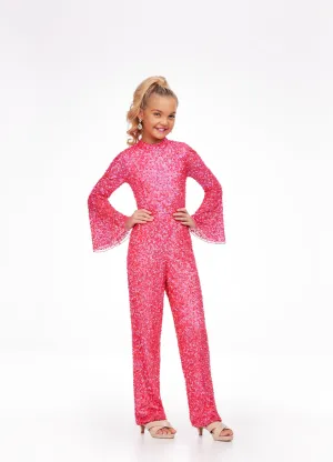 Ashley Lauren Kids 8091 Size 8 Bright Pink Long Bell Sleeve Girls Sequin Jumpsuit Fun Fashion Wear