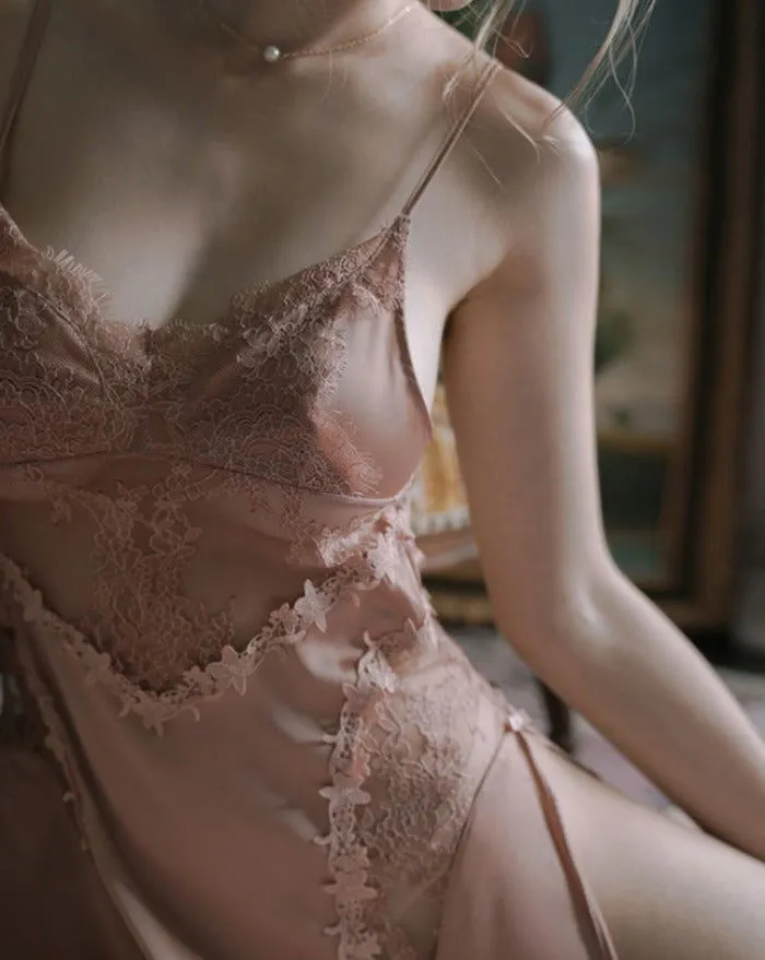 Baby Pink Chic Sheer Lace Embroidery Nightie