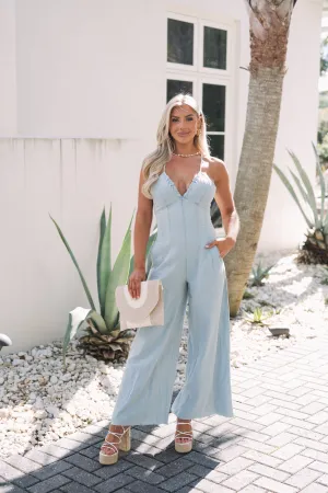 Back Tie Denim Jumpsuit- Icy Blue