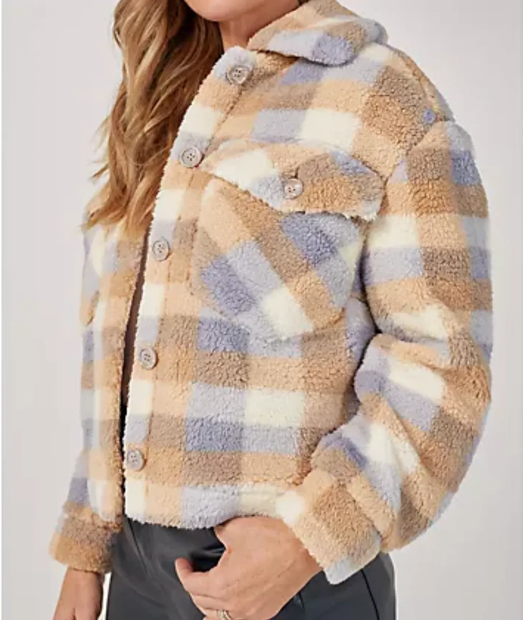 Badgley Mischka Beige Check Super Soft Sherpa Teddy Fleece Jacket UK XXL