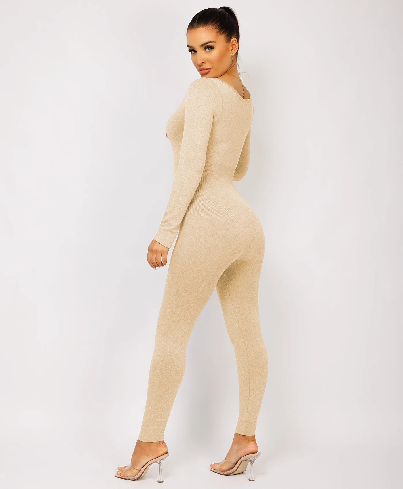 Beige Elastic Ribbed Waist Round Neck Jumpsuit