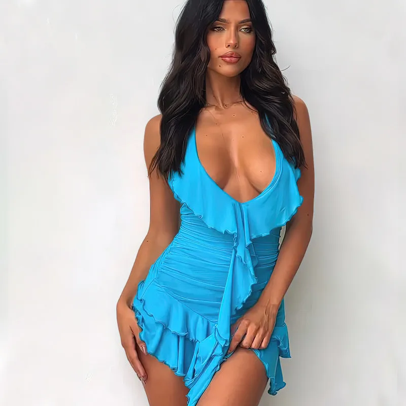 BerryBetty - Britney Halter Backless Ruffles Mini Dress