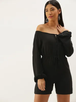 Berrylush Women Solid Black Off-Shoulder Neck Puff Sleeves Tie-Up Front Regular Mini Jumpsuit