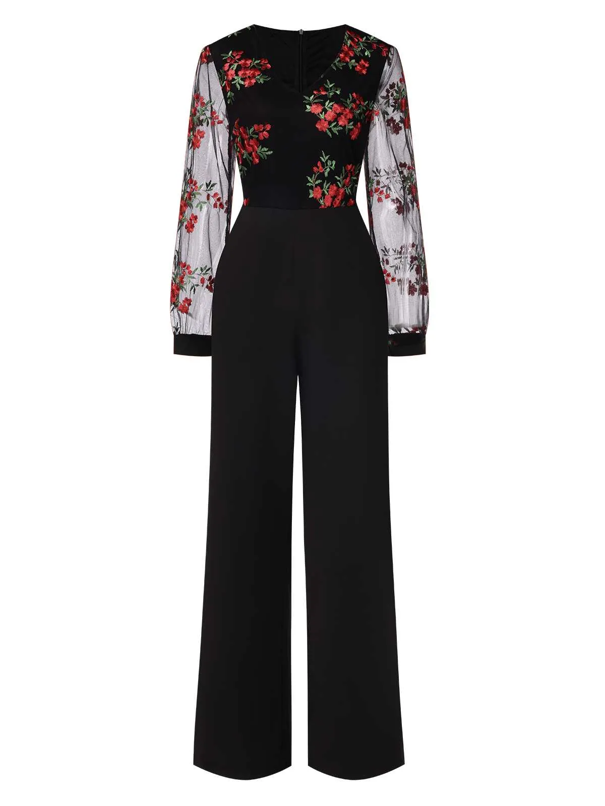 Black 1970s Embroidered Floral Jumpsuit