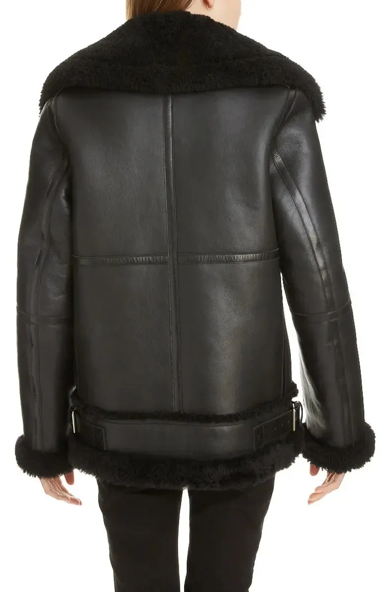 Black Aviator B-3 Sherpa Leather Jacket for Women