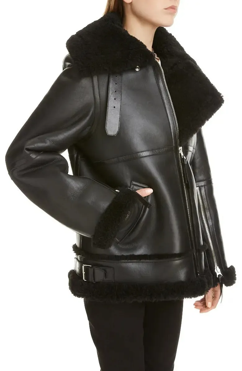 Black Aviator B-3 Sherpa Leather Jacket for Women