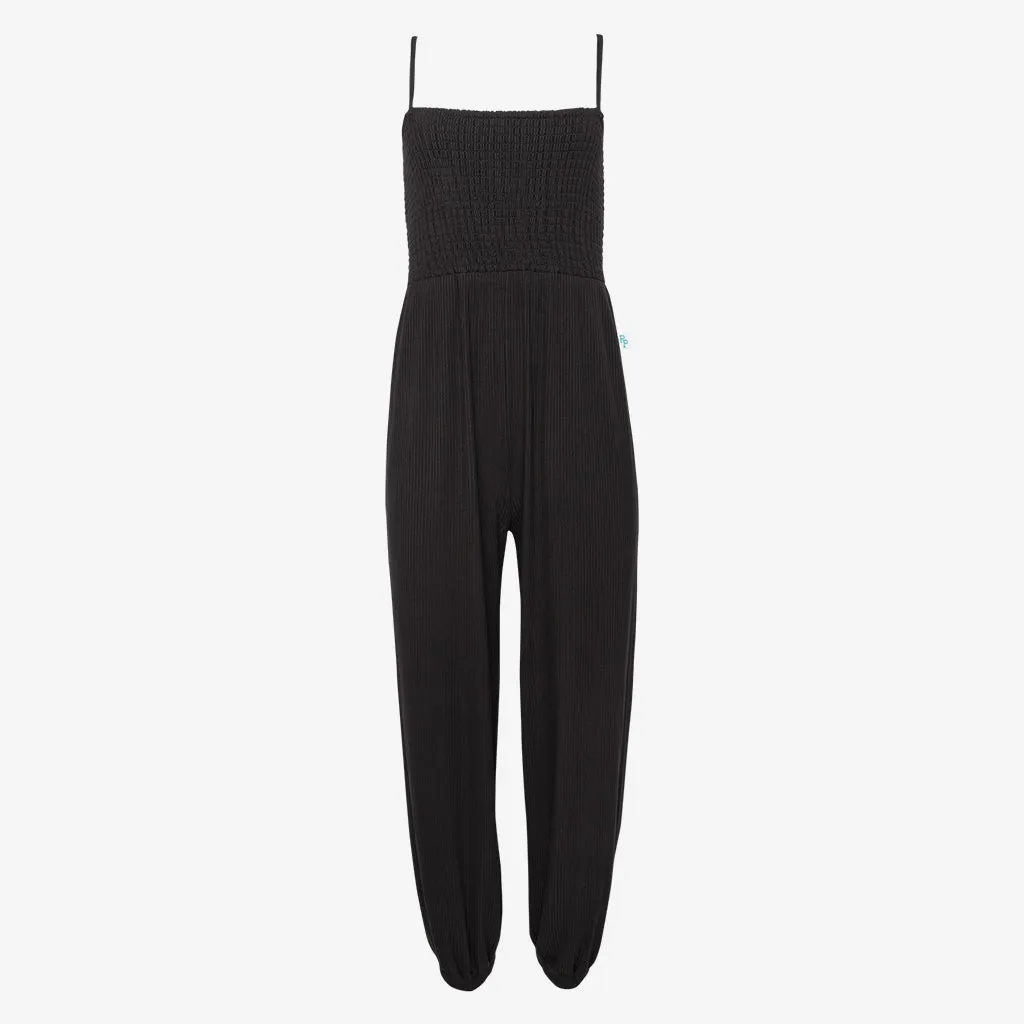 Black Ribbed Women's Sleeveless Smocked Jumpsuit