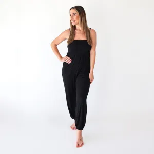 Black Ribbed Women's Sleeveless Smocked Jumpsuit