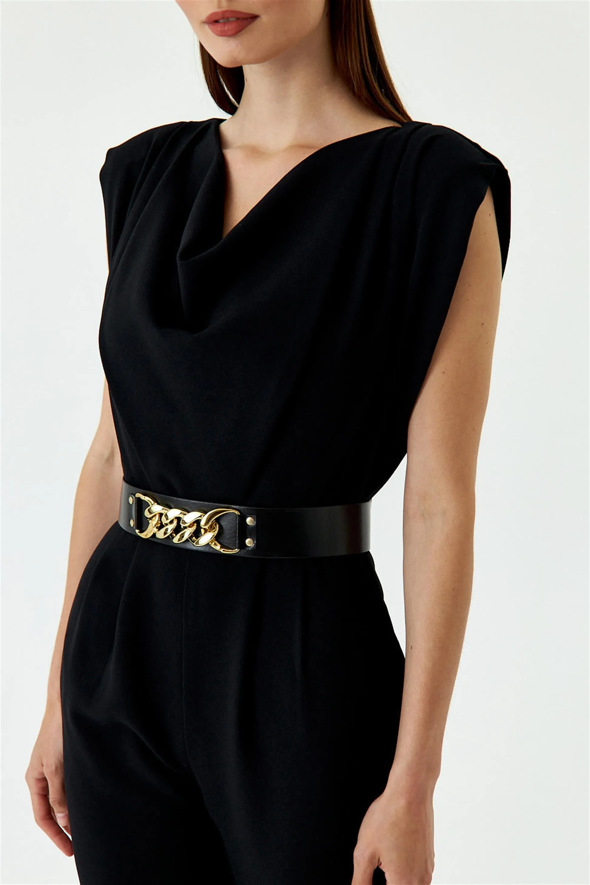 Black Women's Formal Jumpsuit With Collar Belt