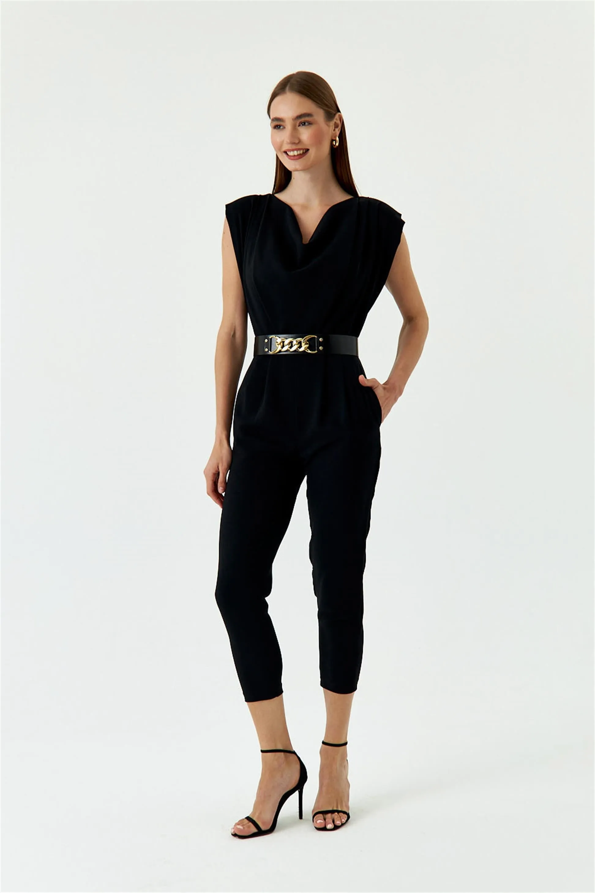 Black Women's Formal Jumpsuit With Collar Belt