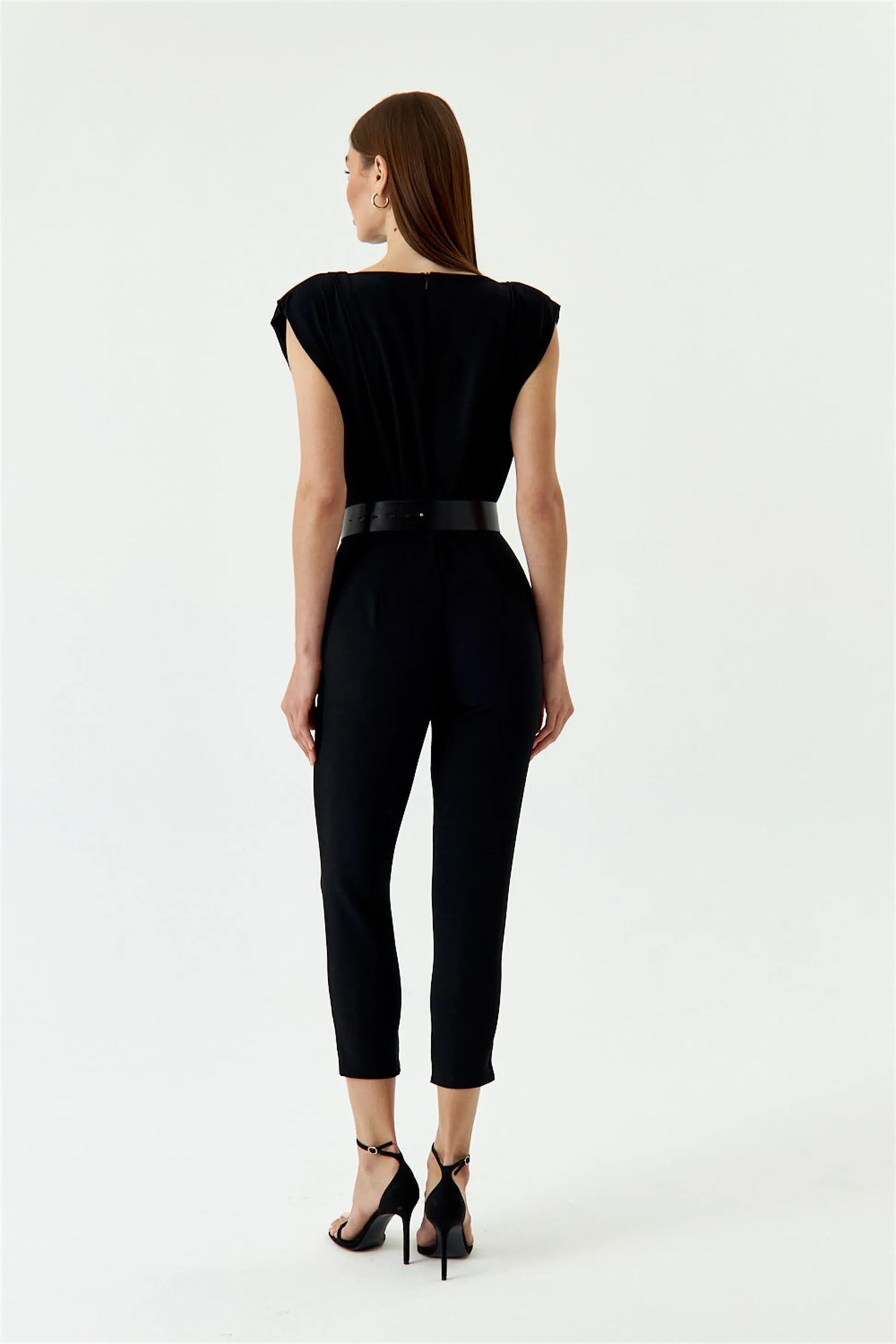 Black Women's Formal Jumpsuit With Collar Belt