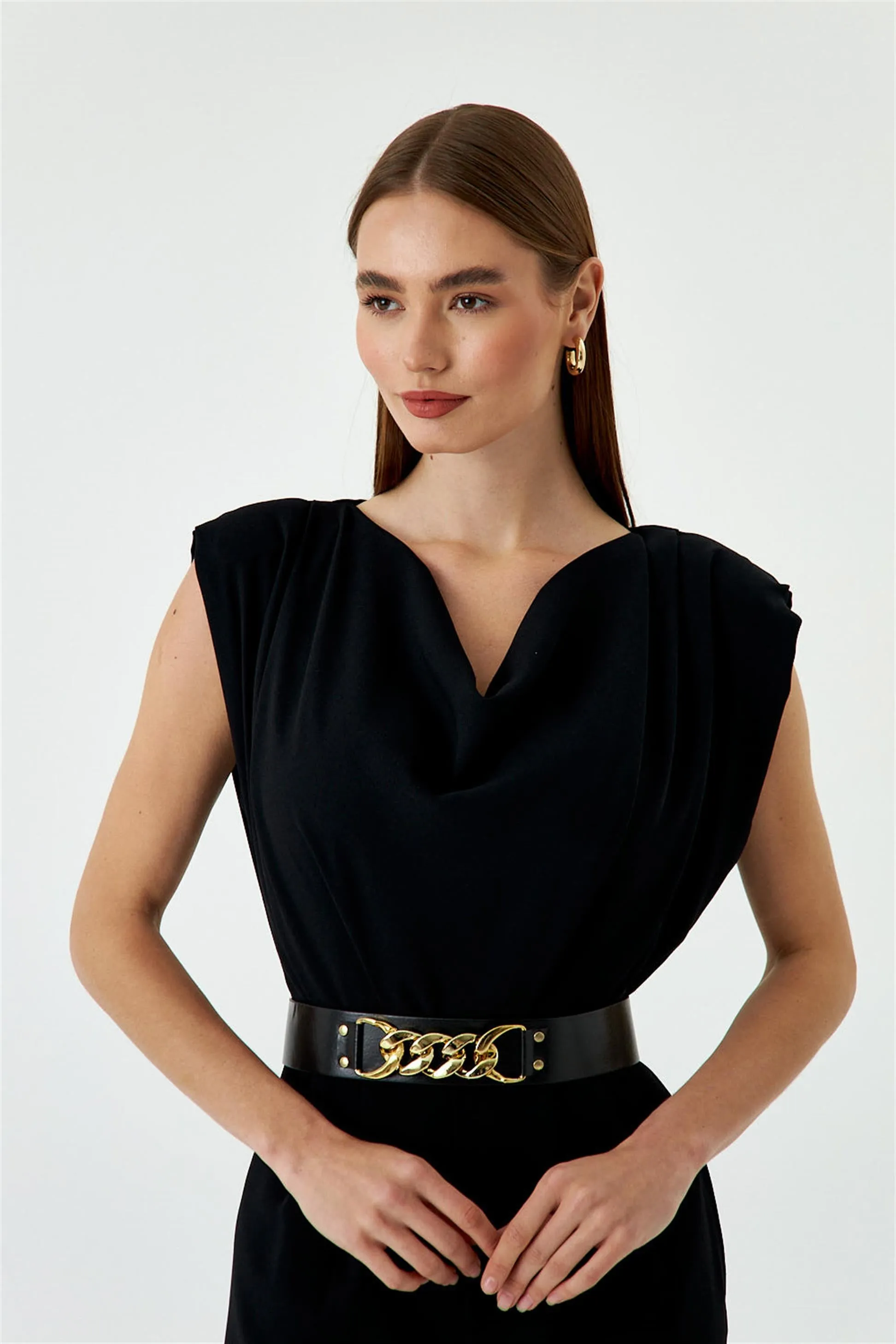 Black Women's Formal Jumpsuit With Collar Belt