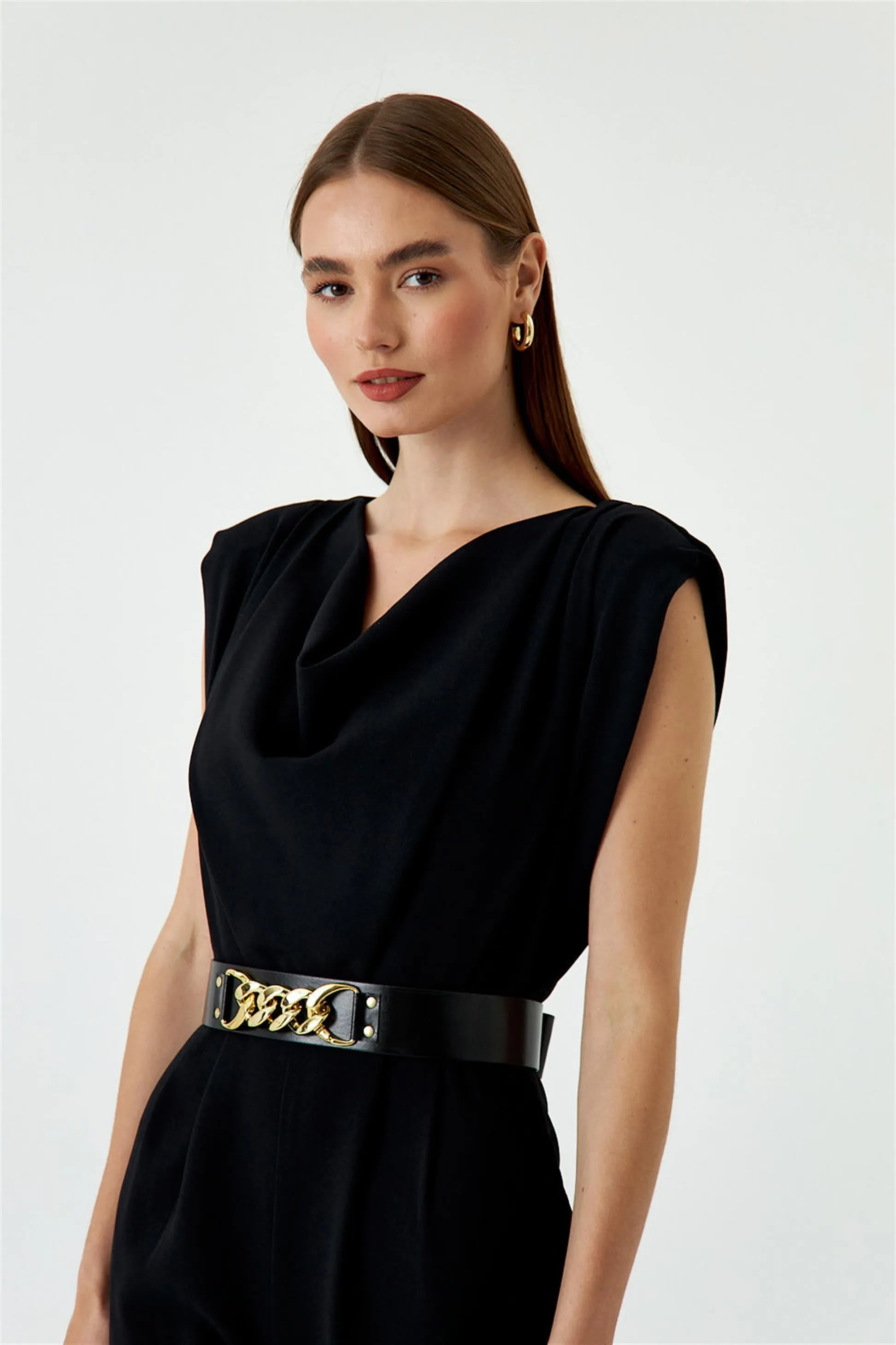 Black Women's Formal Jumpsuit With Collar Belt