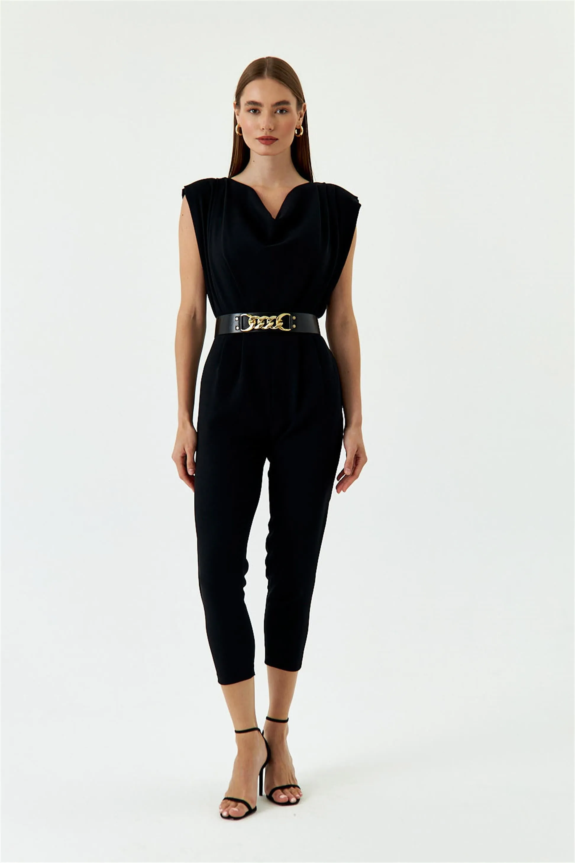 Black Women's Formal Jumpsuit With Collar Belt