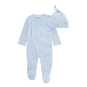 Burt's Bees Organic Baby Micro Stripe Jumpsuit & Knot Top Hat Set Blizzard