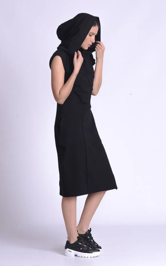 Casual Hooded Knee Length Black Dress