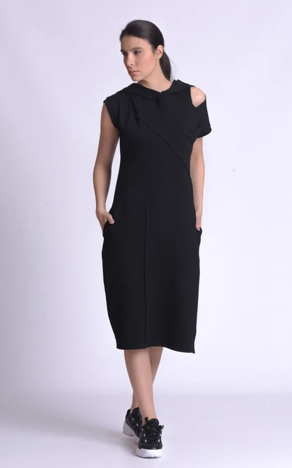 Casual Hooded Knee Length Black Dress