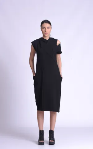 Casual Hooded Knee Length Black Dress