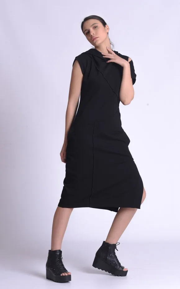 Casual Hooded Knee Length Black Dress