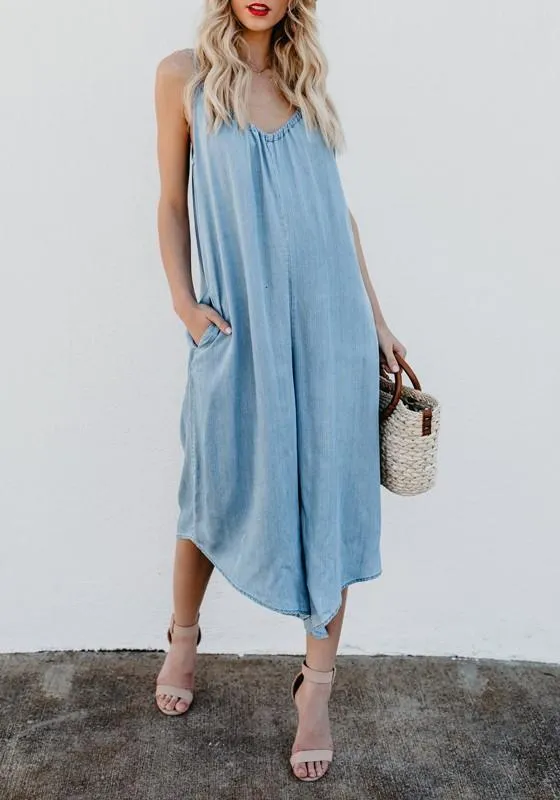 Casual Pockets Spaghetti Strap Backless V-neck Plus Size Blue Wide Leg Jumpsuit